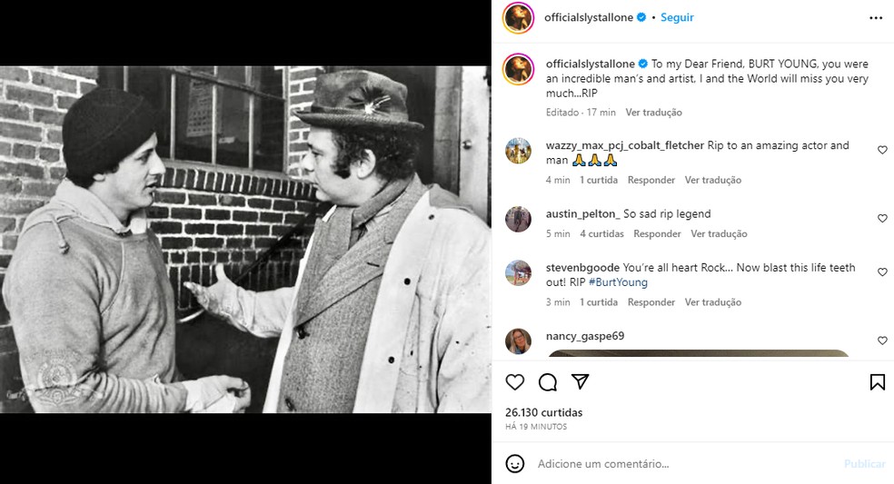 Sylvest3er Stallone lamenta morte de Burt Young — Foto: Instagram