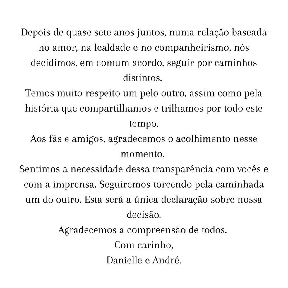 Comunicado de Danielle Winits e André Gonçalves sobre o fim do casamento. — Foto: Reprodução/Instagram
