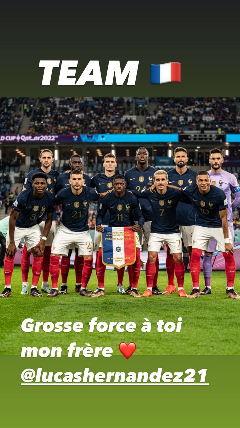 Mbappé deseja melhoras a Lucas Hernández após lesão do jogador em partida contra Austrália — Foto: Reprodução/Instagram