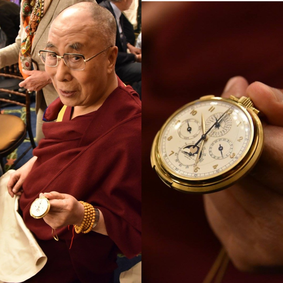 Dalai Lama usa raro relógio  Patek Philippe 658 — Foto: Reprodução/Facebook/SenatorPatrickLeahy