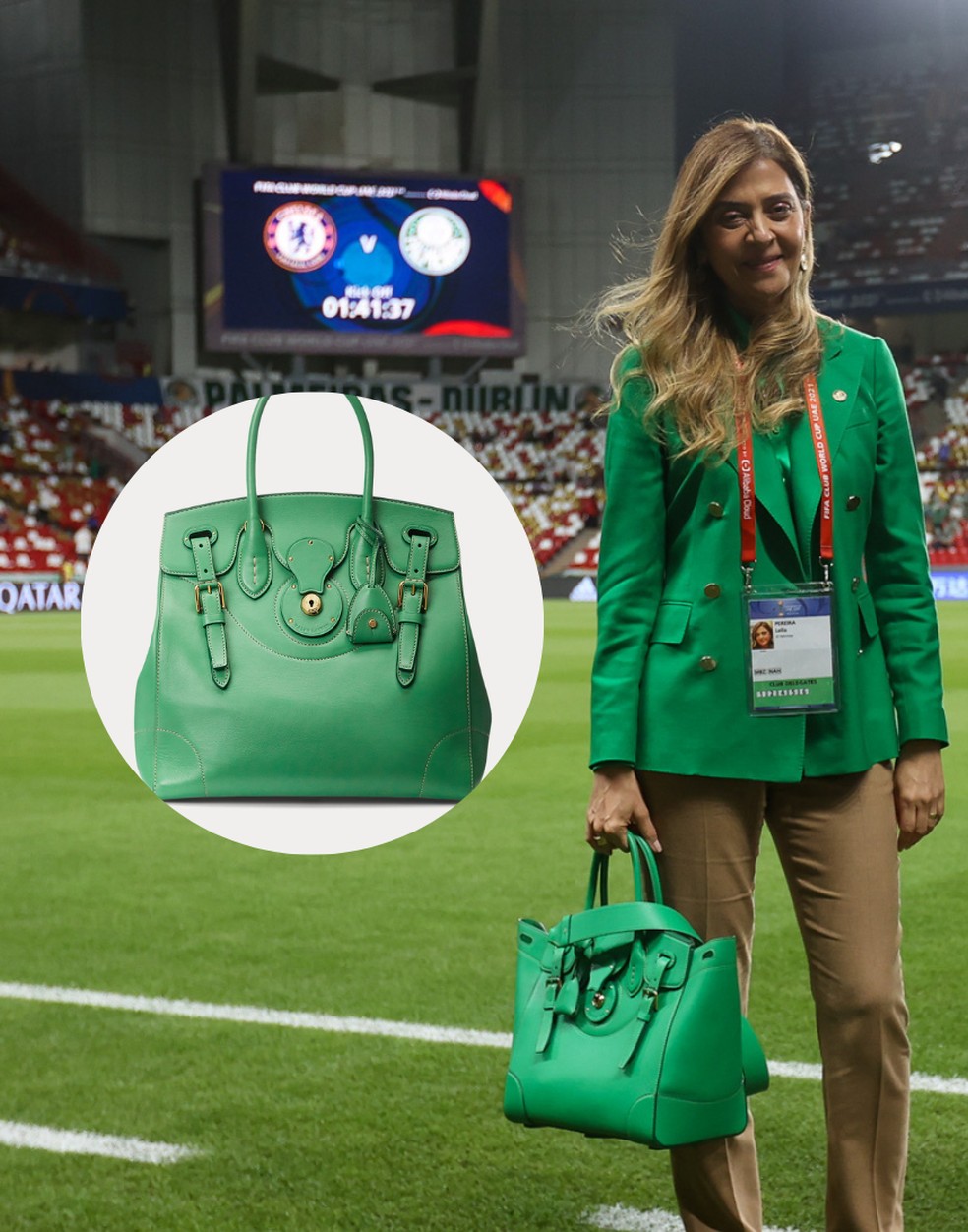 Leila Pereira usa bolsa Ralph Lauren Soft Ricky 33 — Foto: Reprodução/Flickr/Palmeiras