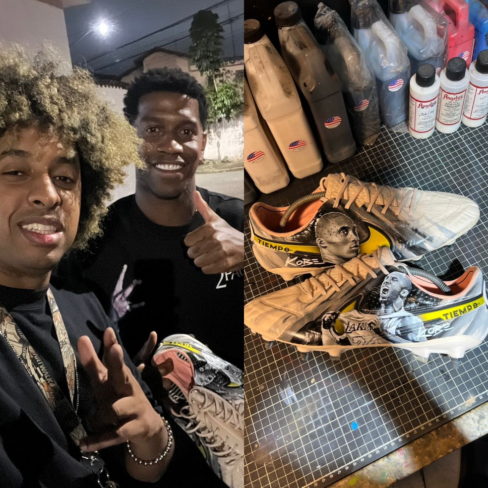 Thiago, da TND Sneakers, ao lado de Gil (Corinthians) e suas chuteiras personalizadas com Kobe Bryant — Foto: Acervo pessoal