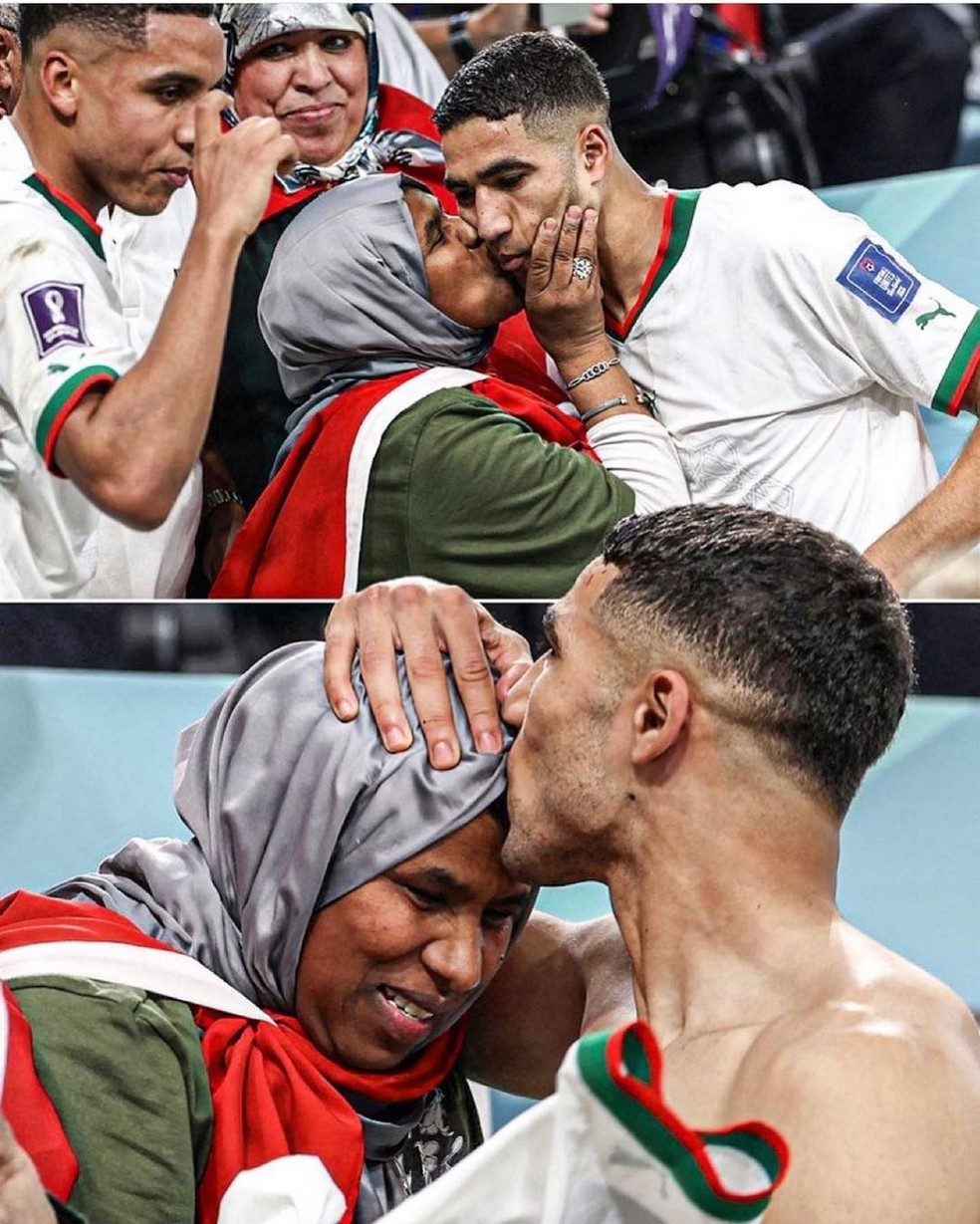 Hakimi abraçou e homenageou a mãe Saida, após partida vitoriosa da equipe africana sobre a Bélgica, na fase de grupos do Mundial — Foto: Reprodução Instagram