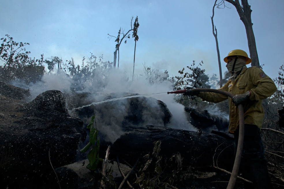 Brigadistas combatem incêndio em floresta no sul do Pará — Foto: Getty Images
