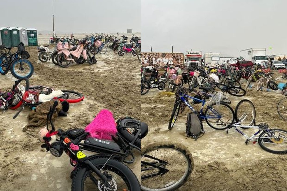 Bicicletas, principais meios de transporte no Burning Man, abandonadas na lama — Foto: Reprodução / Instagram