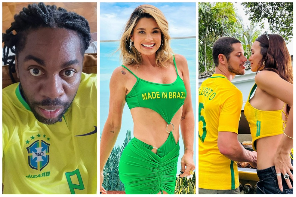 Lázaro Ramos, Flávia Alessandra e casal José Loreto e Rafa Kalimann torcem pelo Brasil nesta segunda (5) — Foto: Instagram/Reprodução
