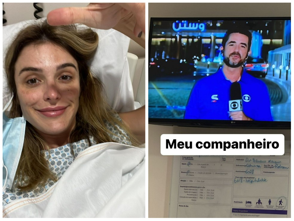 Rafa Brites acompanha cobertura do marido Felipe Andreoli pela TV do hospital — Foto: Instagram/Reprodução