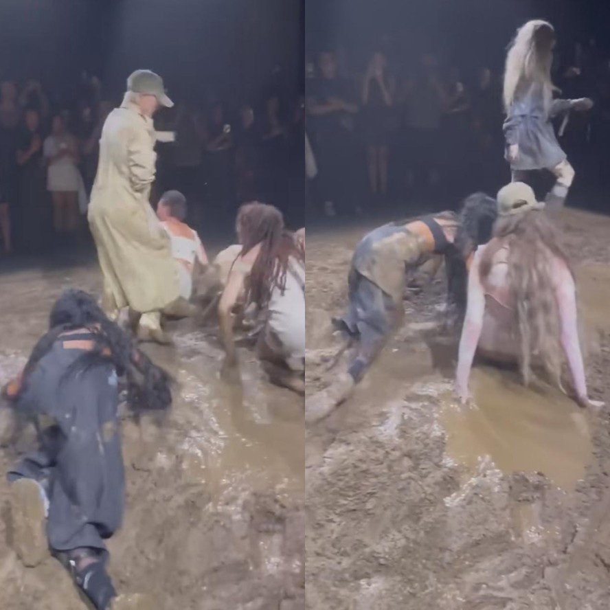 Modelos chafurdam na lama no desfile de Elena Velez em Nova York