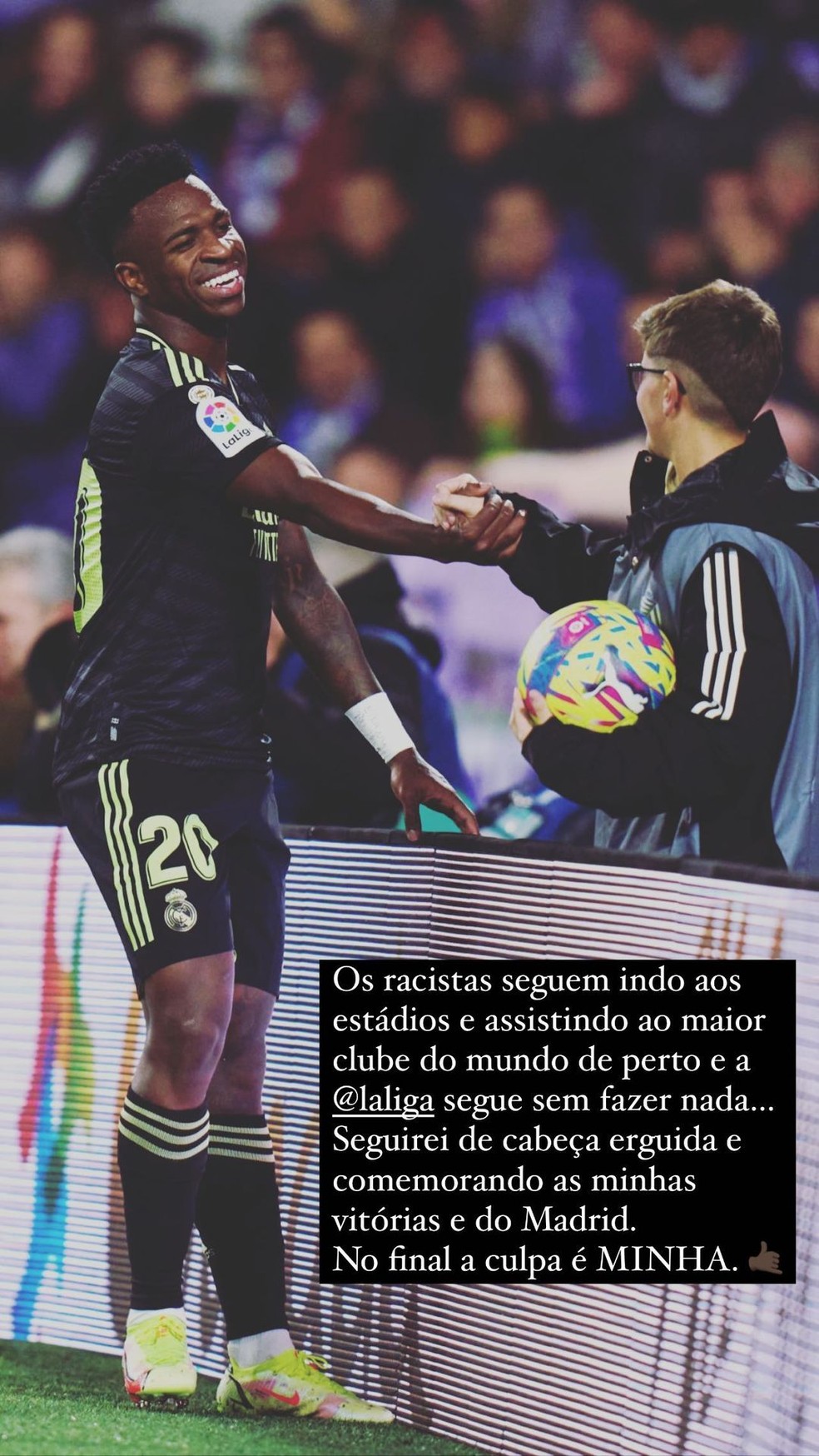 Stories de Vini Jr. cobra atitude da liga espanhola por casos de racismo — Foto: Reprodução/Instagram