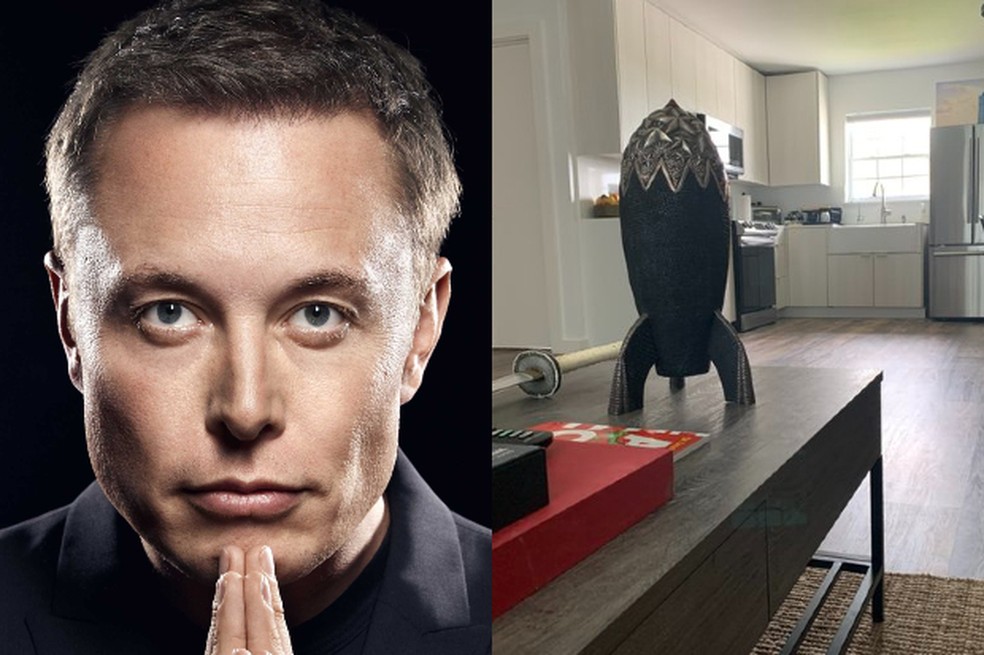 Detalhe da capa da biografia oficial de Elon Musk (esq.) e foto de sua casa no Texas (dir.) — Foto: Divulgação; reprodução / X