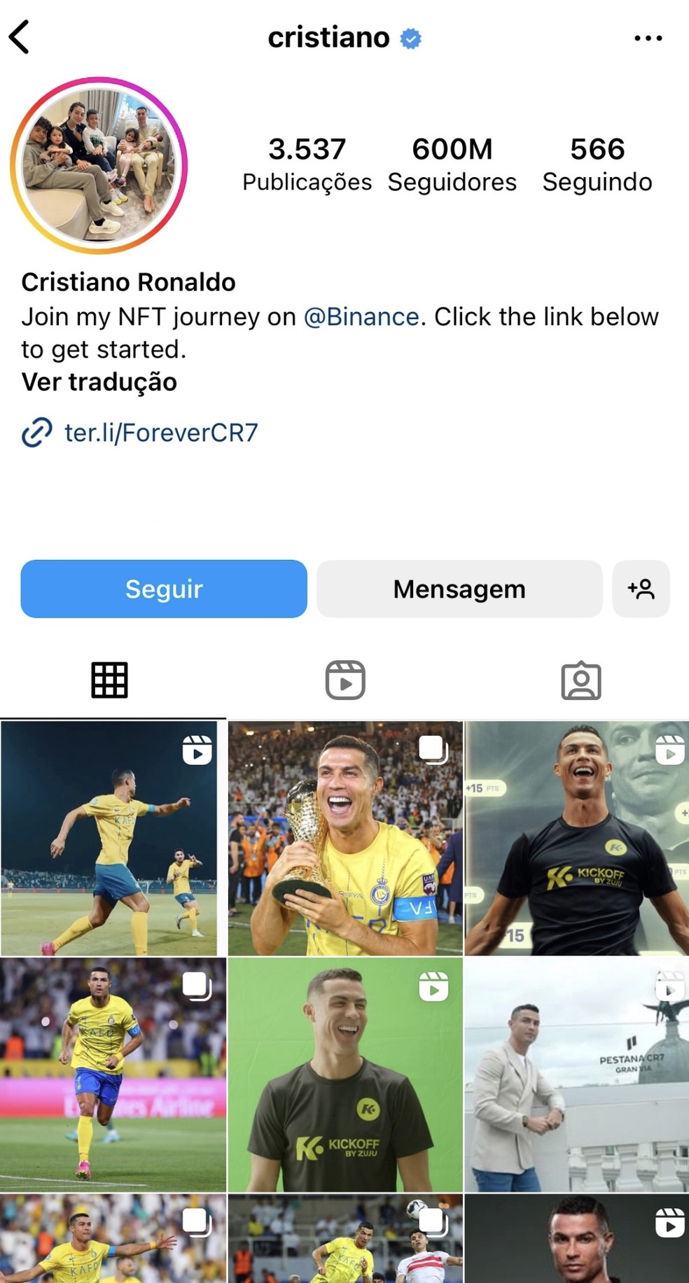 Cristiano Ronaldo é o primeiro a bater a marca de 600 milhões de seguidores no Instagram — Foto: Reprodução / Instagram