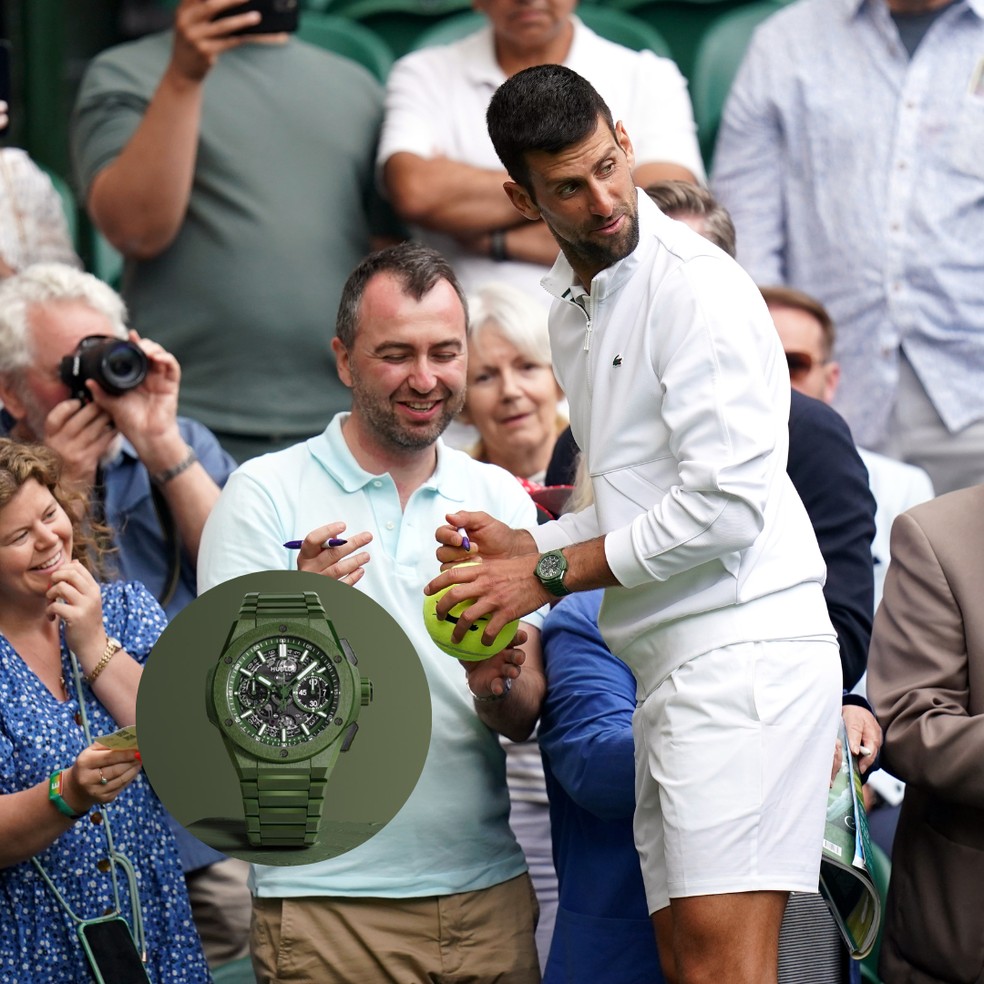 Djokovic usa Hublot Big Bang Integrated Green Ceramic (R$ 117 mil) em Wimbledon — Foto: Adam Davy/PA Images via Getty Images