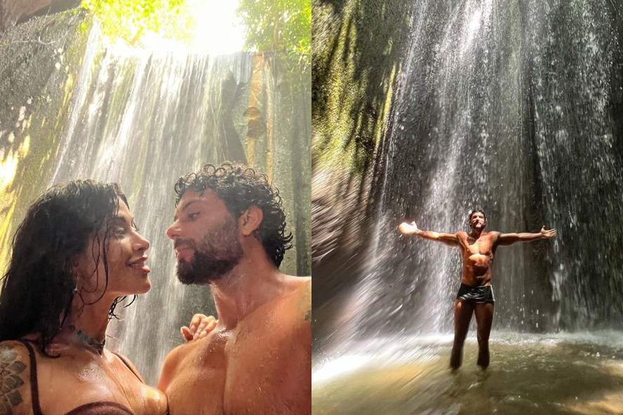 Jesus Luz em cachoeira em Bali com Aline Campos