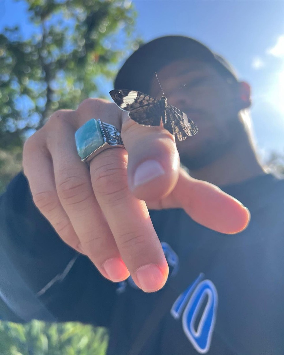 José Loreto com borboleta no dedo — Foto: Instagram/Reprodução