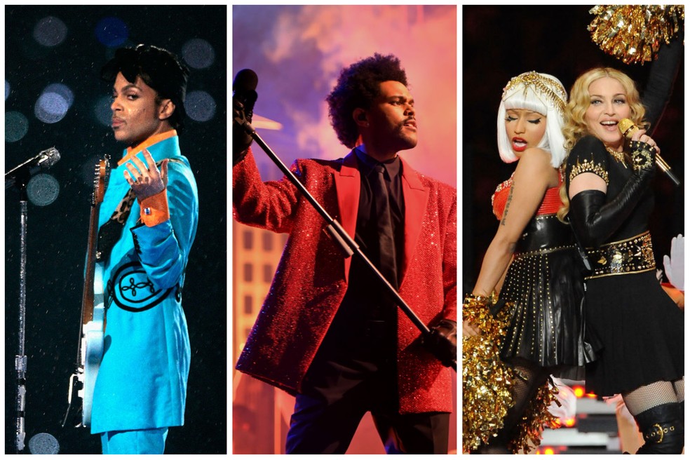 Os artistas que já passaram pelo show do intervalo do Super Bowl. Da esquerda para a direita; Prince, The Weeknd e Madonna com Nicki Minaj. — Foto: Getty Images