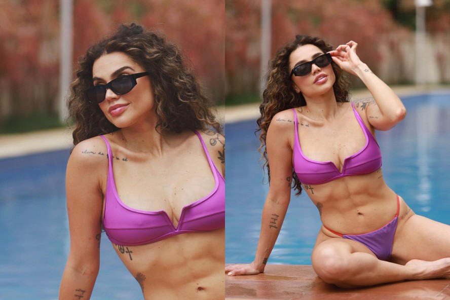 Paula Amorim arranca elogios com biquíni roxo à beira da piscina