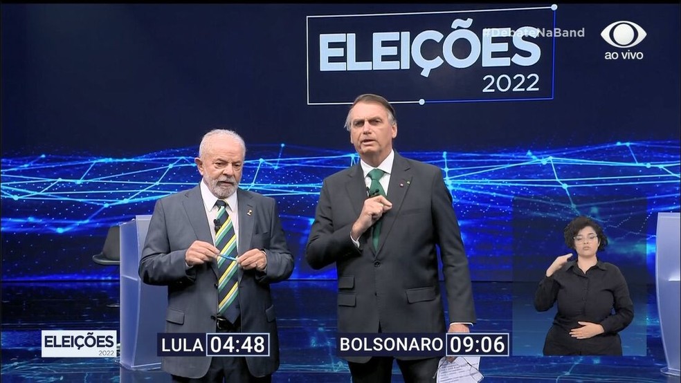 Debate presidencial na Band entre Lula e Bolsonaro no segundo turno de 2022 — Foto: Reprodução/Band