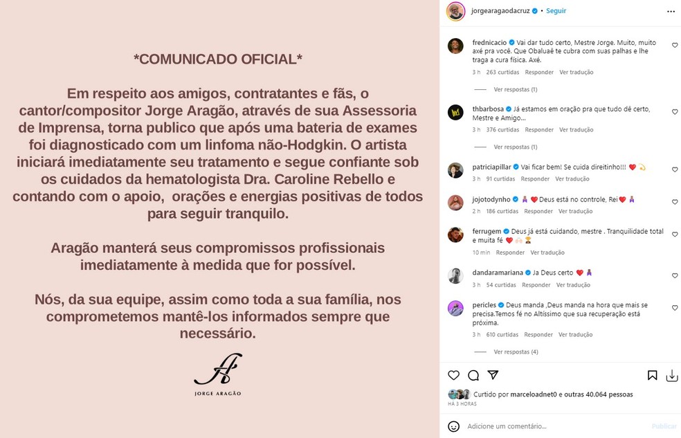 Comunicado sobre o diagnóstico de câncer do cantor Jorge Aragão — Foto: Instagram/Reprodução