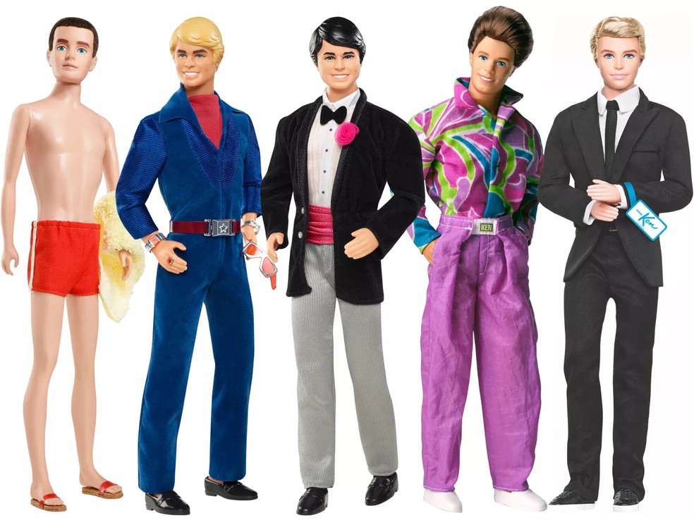 A evolução de Ken, namorado da Barbie, nos anos de: 1961, 1978, 1984, 1992, 2010, respectivamente — Foto: Divulgação/Mattel