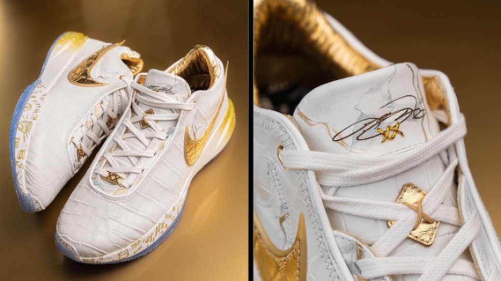 "LeBron XX" tem design personalizado com acabamentos em ouro e mármore — Foto: Divulgação Nike