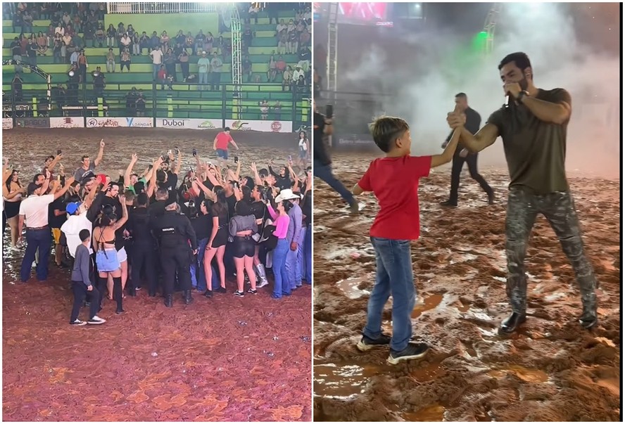 Rodolffo faz show na lama após chuva forte antes de apresentação; assista