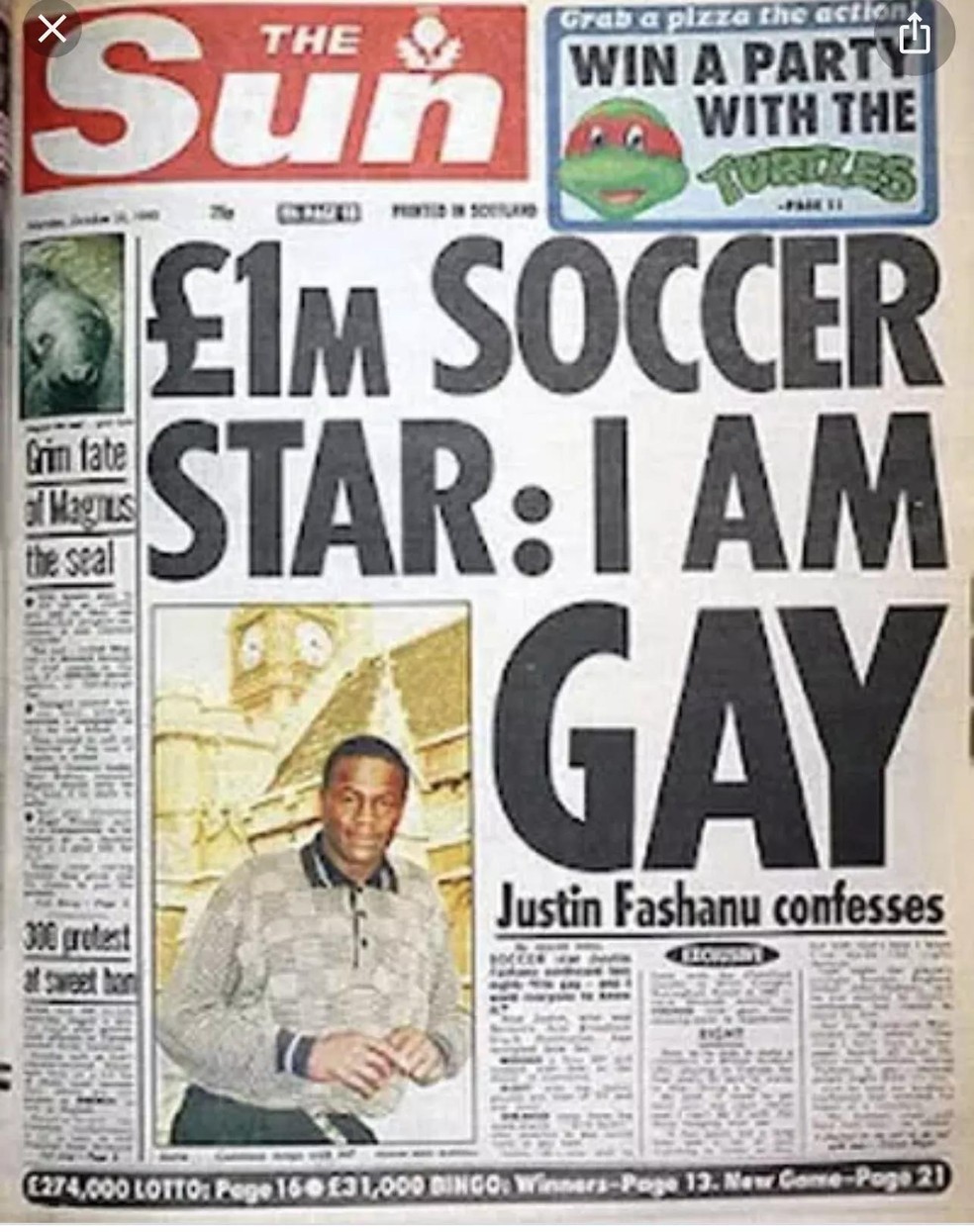 Capa do jornal The Sun "Estrela do futebol de 1 milhão de libras: 'Eu sou gay", dizia a manchete (Foto: Reprodução / Twitter) — Foto: GQ